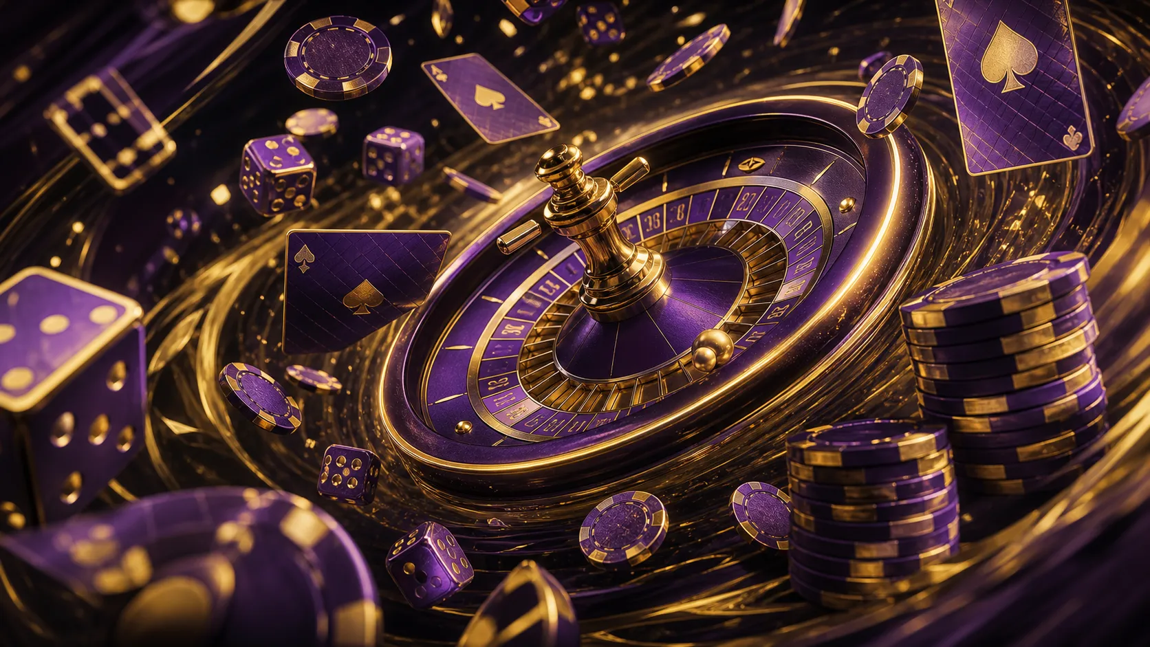 Luxury-themed Spinboss casino hero banner with futuristic holographic style, featuring poker chips, playing cards, and glowin